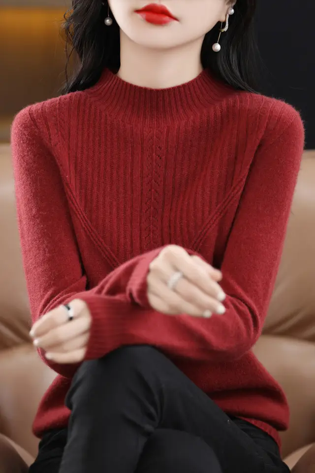 Front Line Ready made Garments Woolen Half Turtleneck Hollow out Sweater Bottoming Shirt Top Raspberry Color - Shop at LoveMi