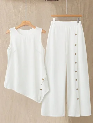 Simple Casual Daily Wear Sleeveless Top And Long Pants Set - White