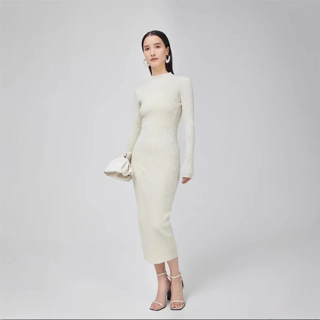 Round Neck Knitted Dress Stretch Slim Beige - Shop at LoveMi