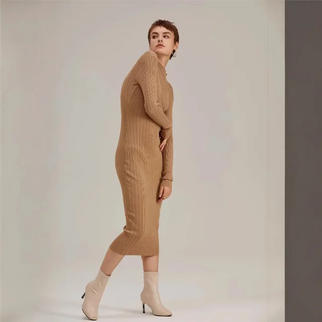 Round Neck Knitted Dress Stretch Slim Khaki Green - Shop at LoveMi