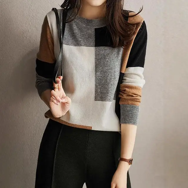 Color Contrast Soft Glutinous Long Sleeve Loose Slimming Women's Knitted Sweater White - Shop at LoveMi