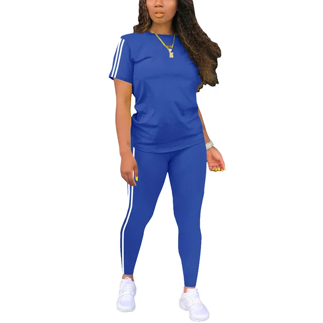 Round Neck Short sleeved Top With Trousers Suit Side Stickers Women's Two piece Suit Blue - Shop at LoveMi