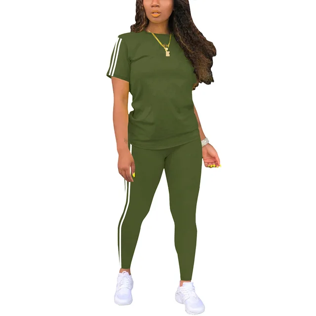 Round Neck Short sleeved Top With Trousers Suit Side Stickers Women's Two piece Suit Dark Green - Shop at LoveMi