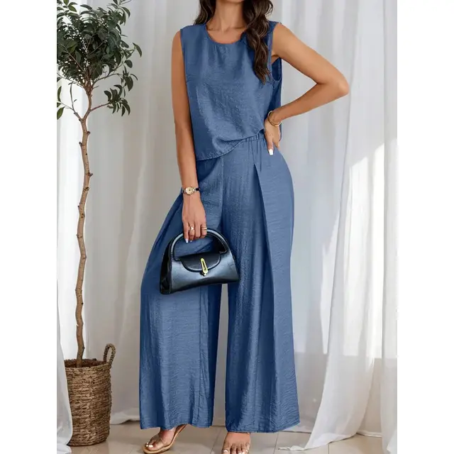 New Sleeveless Wide Leg Pants Vest Suit Blue - Shop at LoveMi