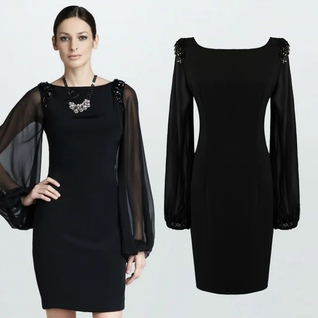 Chiffon Long Sleeve Shoulder Beaded Elegant Dress Black - Shop at LoveMi