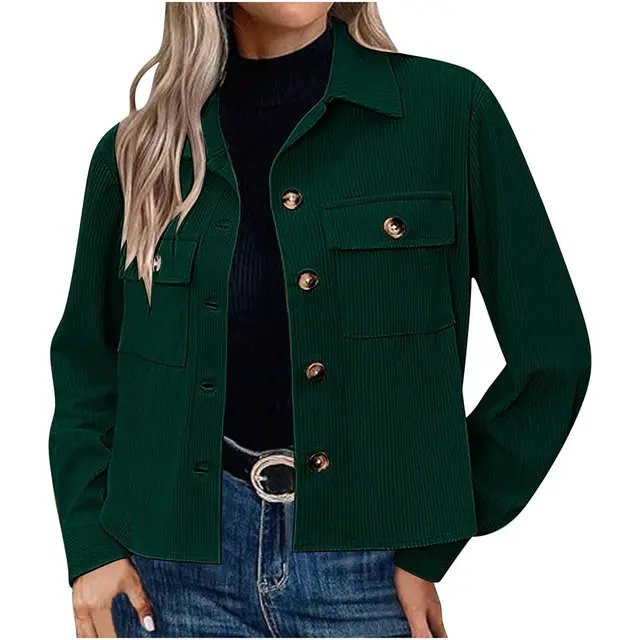 Women's Fashion Casual Short Short Corduroy Button Jacket Green - Shop at LoveMi