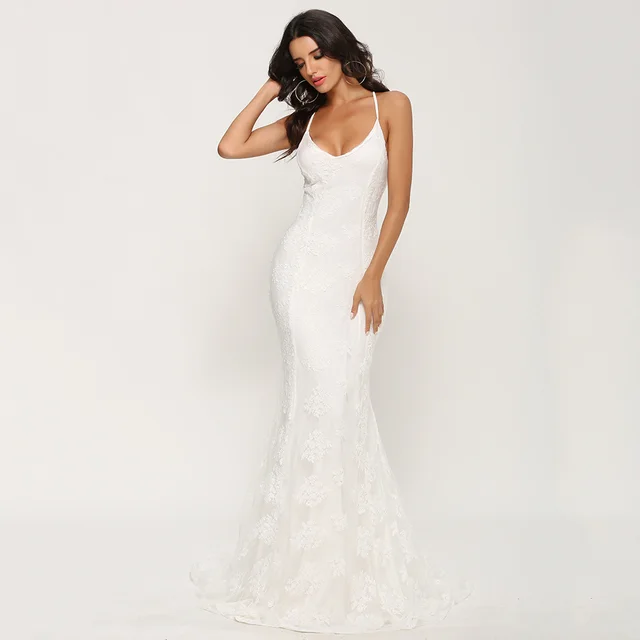 Sexy V neck Brace Large Trailing Wedding Dress White - Shop at LoveMi
