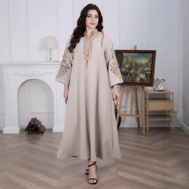 Large Size Women's Middle East New Muslim Embroidered Pullover Dress Beige - Shop at LoveMi