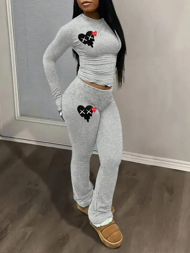 Women's Fashion Personality Heart Printing Suit Light Gray 2 - Shop at LoveMi