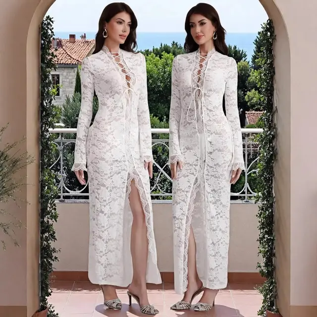 Sexy Lace See through Street Slit Long Sleeve Dress White - Shop at LoveMi