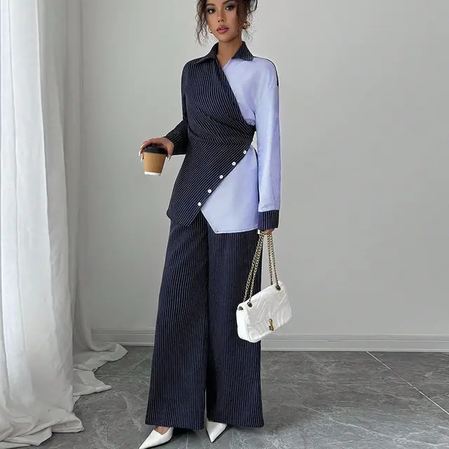 Contrast Color Lace up Long Sleeve Shirt Straight leg Trousers Suit Multicolor - Shop at LoveMi