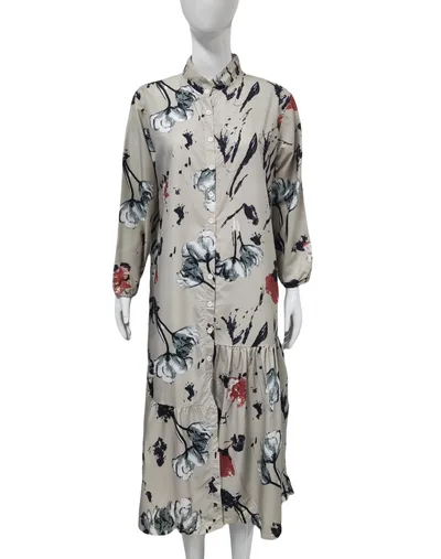 Loose Casual Floral Print Long Dress Apricot Beige - Shop at LoveMi