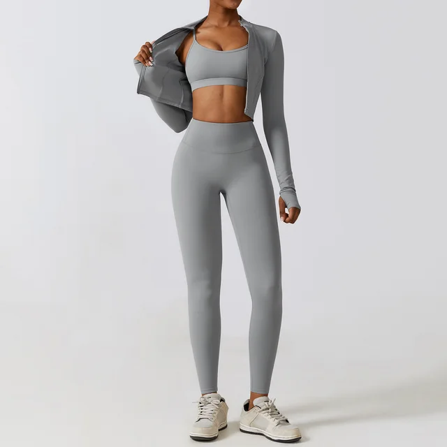 Nude Feel Quick drying Sports Thin Fitness Clothes Three piece Suit Rhino Gray - Shop at LoveMi