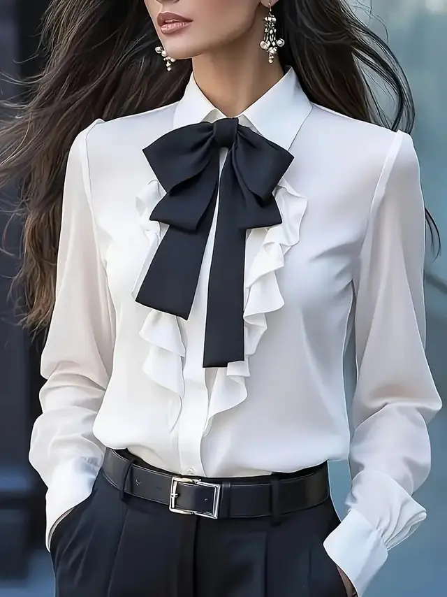 Pure Color Tied Bow Ruffled Design Shirt For Women White - Shop at LoveMi