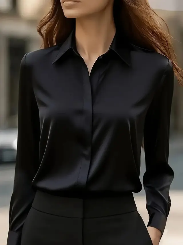 Solid Color Long Sleeve Lapel Satin Blouse Black - Shop at LoveMi