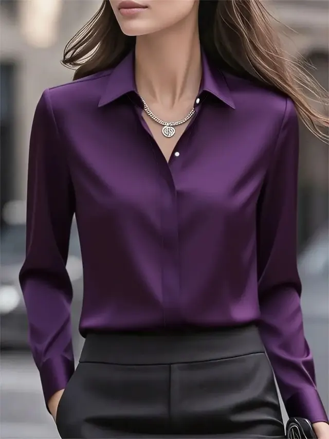 Solid Color Long Sleeve Lapel Satin Blouse Purple - Shop at LoveMi