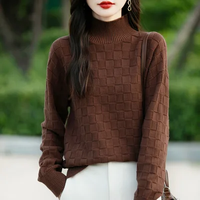 Women's Square Decorative Solid Color Long sleeved Knitted Sweater Coffee - Shop at LoveMi
