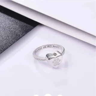 Love Heart Paw Print Urn Ring Pet Memorial Cremation Jewelry - Silver