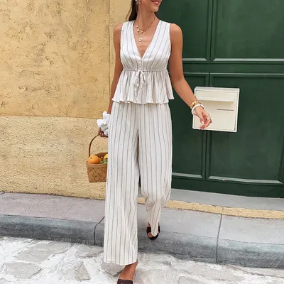 Striped Sleeveless Top Straight leg Trousers Suit Two piece Vest Set Stripes L - Shop at LoveMi