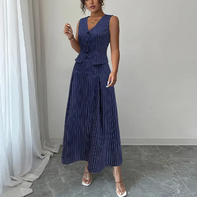 Vest Skirt Two piece Set Striped Dress Suit For Women Dark Blue - Shop at LoveMi