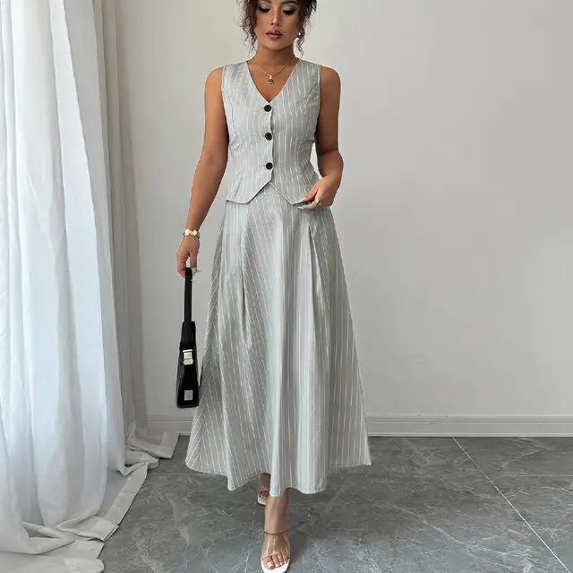 Vest Skirt Two piece Set Striped Dress Suit For Women Stripes - Shop at LoveMi