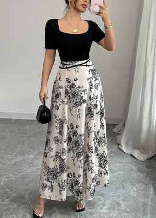 Women's Dress Slimming French Floral Long - Black
