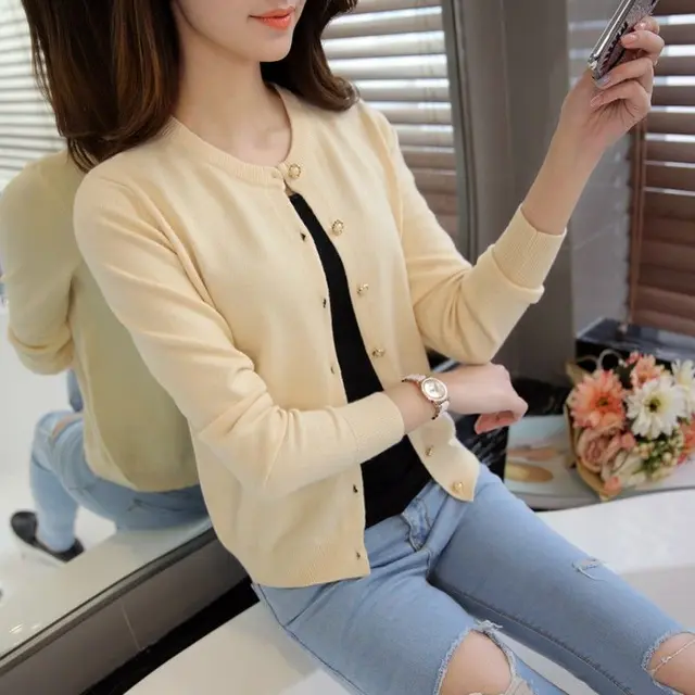 Sweater Coat Women's Knitted Cardigan Round Neck Long Sleeve Top Apricot - Shop at LoveMi