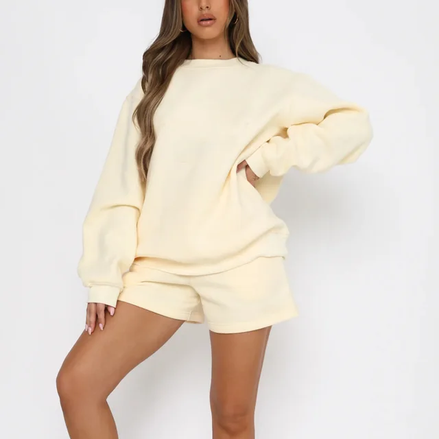 Long Sleeve Shorts Sweater Suit Solid Color Fashion Casual Apricot - Shop at LoveMi