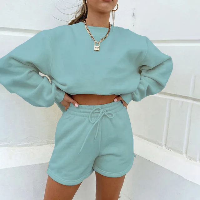 Long Sleeve Shorts Sweater Suit Solid Color Fashion Casual Green - Shop at LoveMi