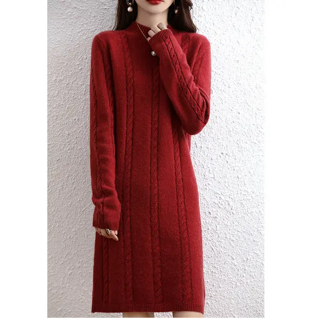Thickened Pullover Knitting Woolen Skirt Women - Gold Brown Red