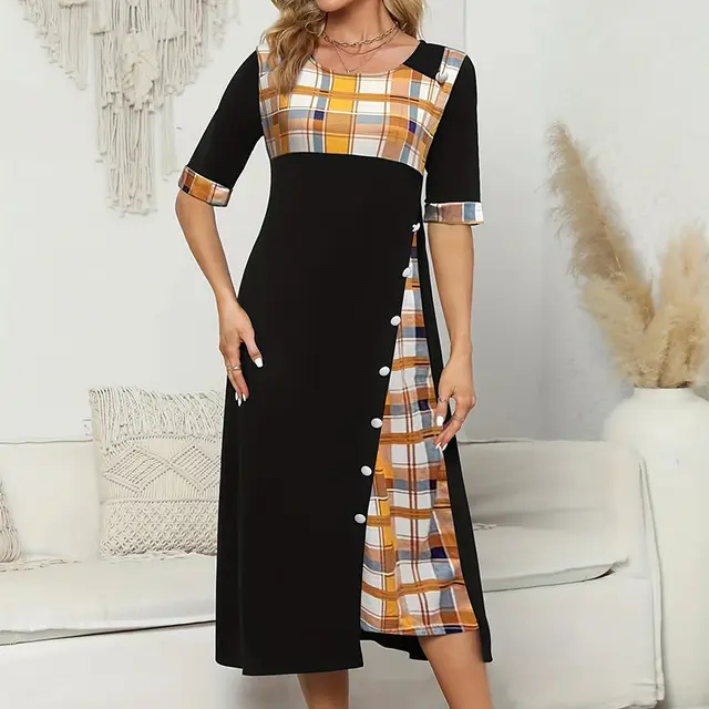 Round Neck Contrast Color Half Sleeve Irregular Long Dress Black - Shop at LoveMi