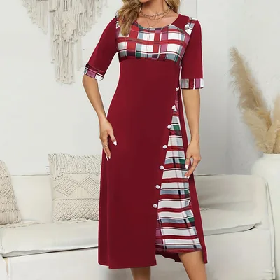 Round Neck Contrast Color Half Sleeve Irregular Long Dress Wine Red - Shop at LoveMi