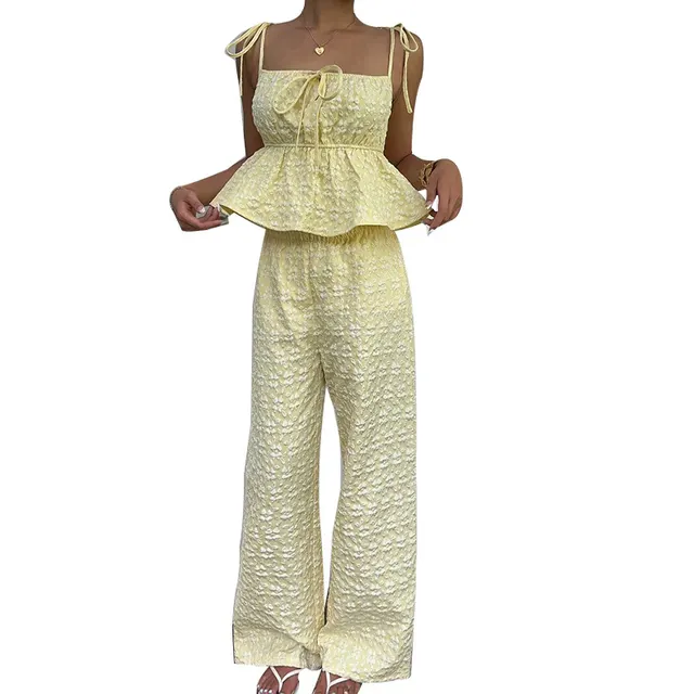 Women's Sling Top Wide leg Straight Trousers Suit Yellow - Shop at LoveMi