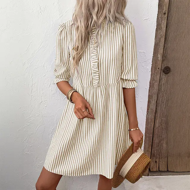 Puff Sleeve Stand Collar Striped Dress Summer Khaki - Shop at LoveMi