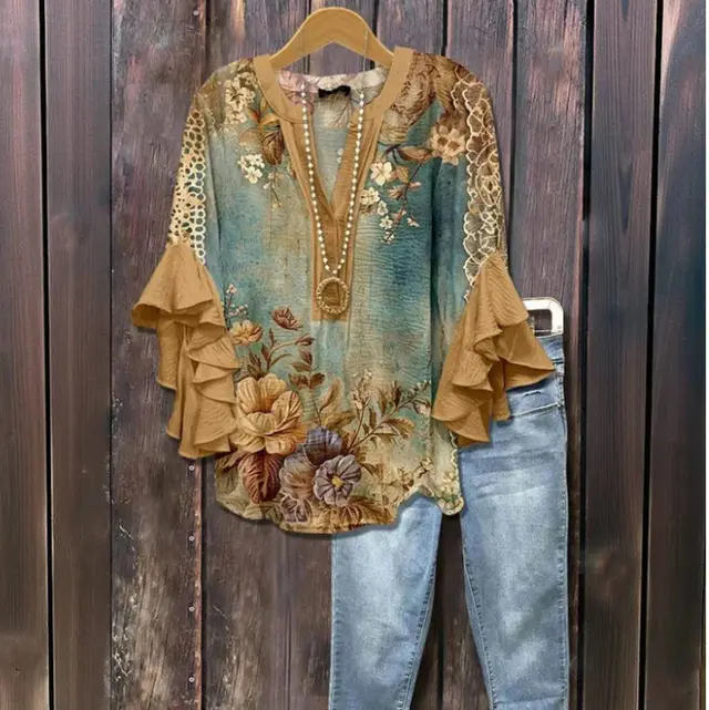 Floral Element Printing Digital Printing Casual Women's Top Ql1189 - Shop at LoveMi