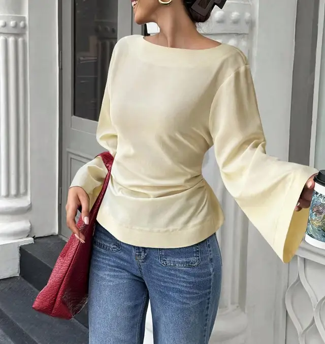 Flared Long Sleeve Pullover Women's Clothing Yellow - Shop at LoveMi