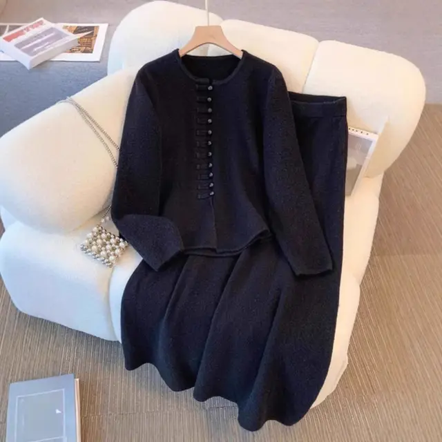 Women's Fashion Solid Color High Sense Sweater Mid length Dress Set Black - Shop at LoveMi
