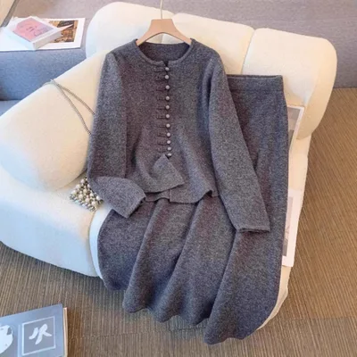 Women's Fashion Solid Color High Sense Sweater Mid length Dress Set Dark Gray - Shop at LoveMi