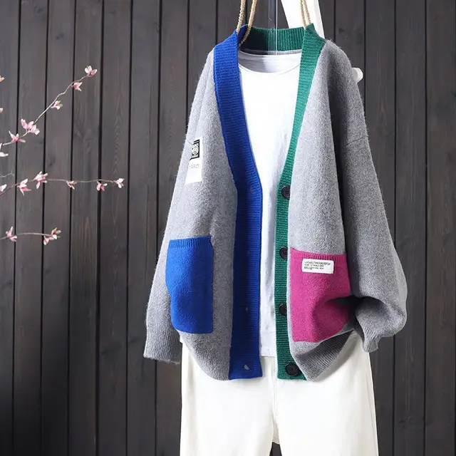 Autumn Color Contrast Patchwork Single breasted V neck Casual Top Gray - Shop at LoveMi