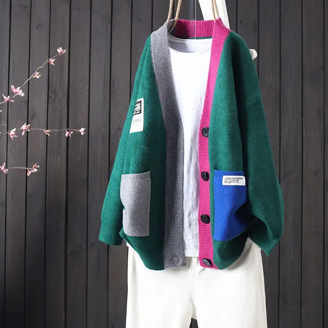 Autumn Color Contrast Patchwork Single breasted V neck Casual Top Green - Shop at LoveMi