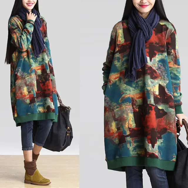 Loose Retro Fat Girl Ethnic Style Casual Cotton And Linen Printed Long sleeved Dress Green - Shop at LoveMi