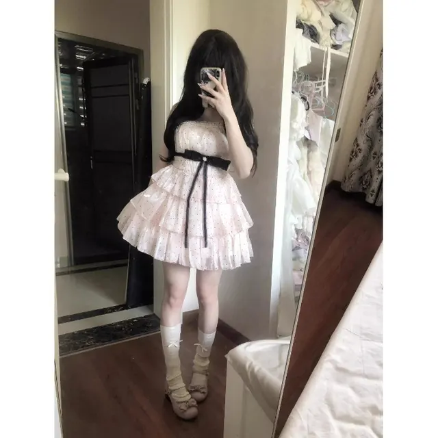 Sweet Bandeau Sling Dress Women's Summer French Style Pink - Shop at LoveMi