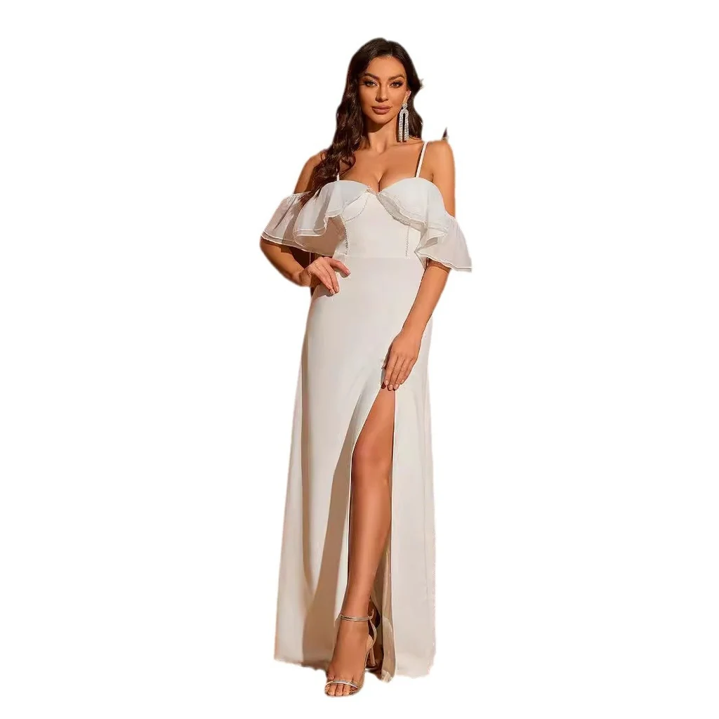 Split White Bra Long Dress Banquet Satin Bridesmaid Dress - White