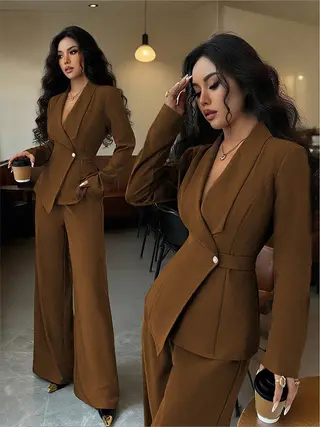 Women's Long-sleeved Suit Jacket Straight-leg Pants Top And Bottom - Coffee Color - View 1