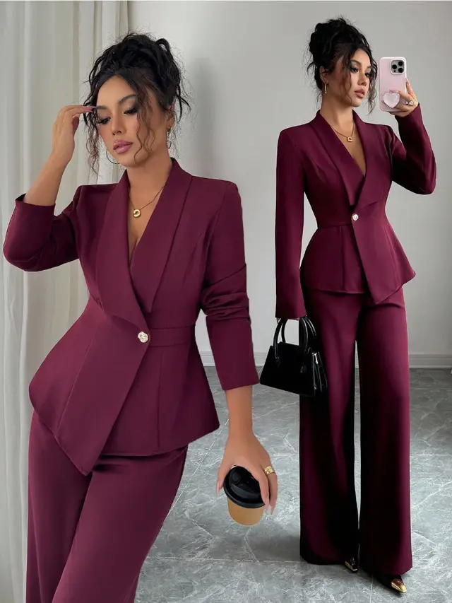 Women's Long sleeved Suit Jacket Straight leg Pants Top And Bottom Dark Red - Shop at LoveMi