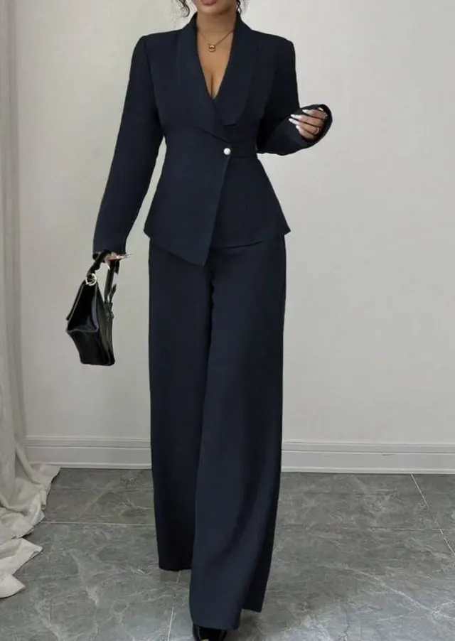 Women's Long sleeved Suit Jacket Straight leg Pants Top And Bottom Navy Blue - Shop at LoveMi