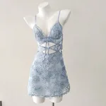 Pure Desire Chest Lace Mesh Suspender Popular Short Skirt Embossed Flower Hollow Out - Blue