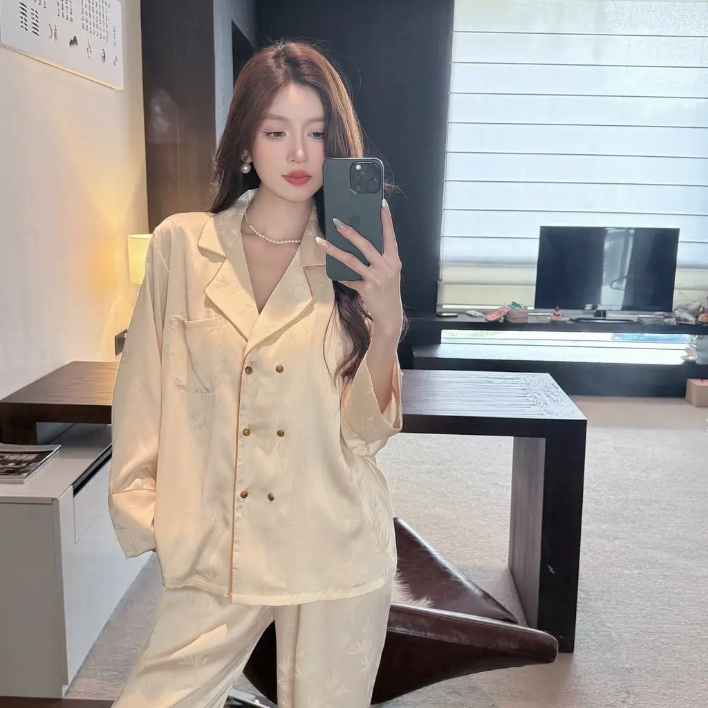 Double Breasted Ice Silk Pajamas Long Sleeve Homewear Suit - Champagne