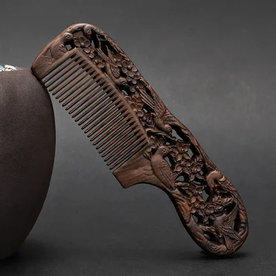 Wooden Ebony With Handle 180 Double sided Carved Comb Ebony Bird - Shop at LoveMi