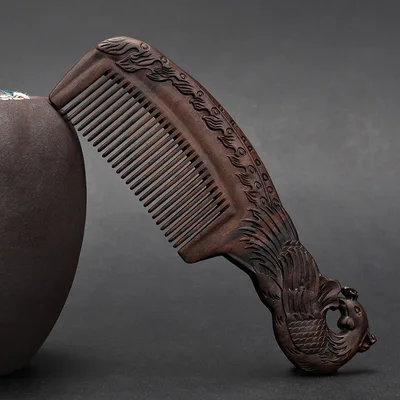 Wooden Ebony With Handle 180 Double sided Carved Comb Ebony New Phoenix - Shop at LoveMi